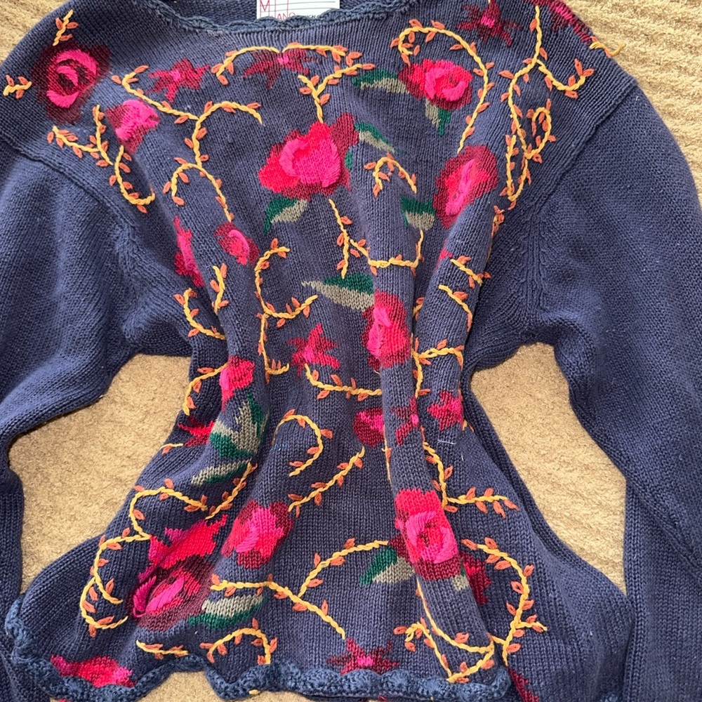 Vintage Floral Embroidered Sweater - purple and pink
